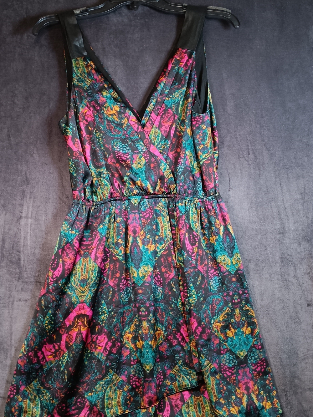 BCBGeneration Paisley Print Dress, Faux Wrap In Pink, Teal, Yellow. Fully Lined.
